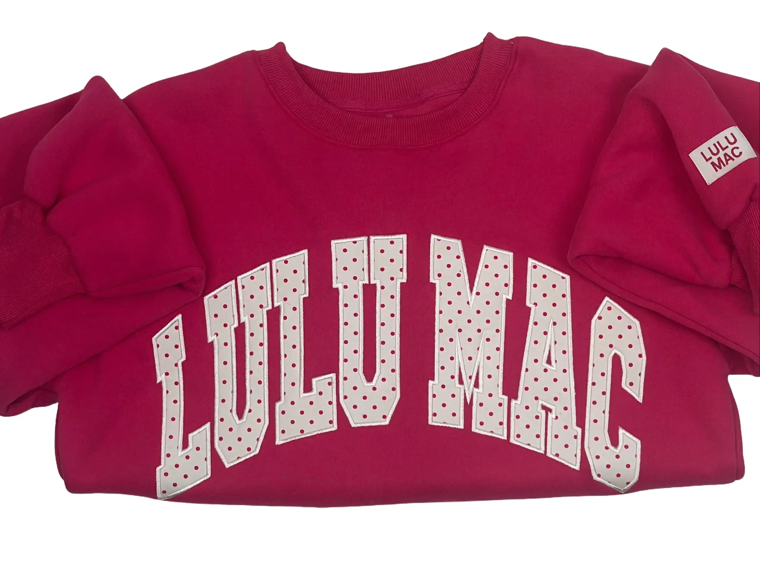 Lulu Mac Women's Hot Pink Varsity Hoodie - Ribbed Long Sleeve Top, Embroidered Polka Dot Graphic, Soft Relaxed Fit for Everyday Wear, Piece, Poly-Cotton, Round Neck, Hoodies For Women, Ribbed Crew, Pullover, Letter Print, Lazy Outfit