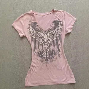 Vintage Top Summer Pink Printed T-Shirt Waist Slim Fit Short Sleeve for Women
