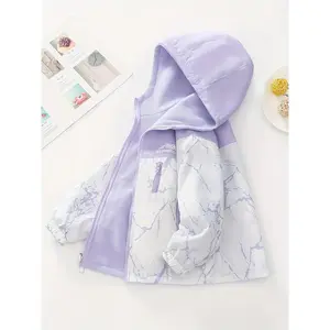 Girls' Reversible Fleece-Lined Hooded Jacket with Marble Pattern & Pastel Purple/ Color Block - Warm Winter Coat, Loose Fit Long Sleeve Outerwear for Kids & Tweens, 2025 Autumn New Style (No Belt, Easy On/Off), Seasonal Coat, Cold Weather Wear