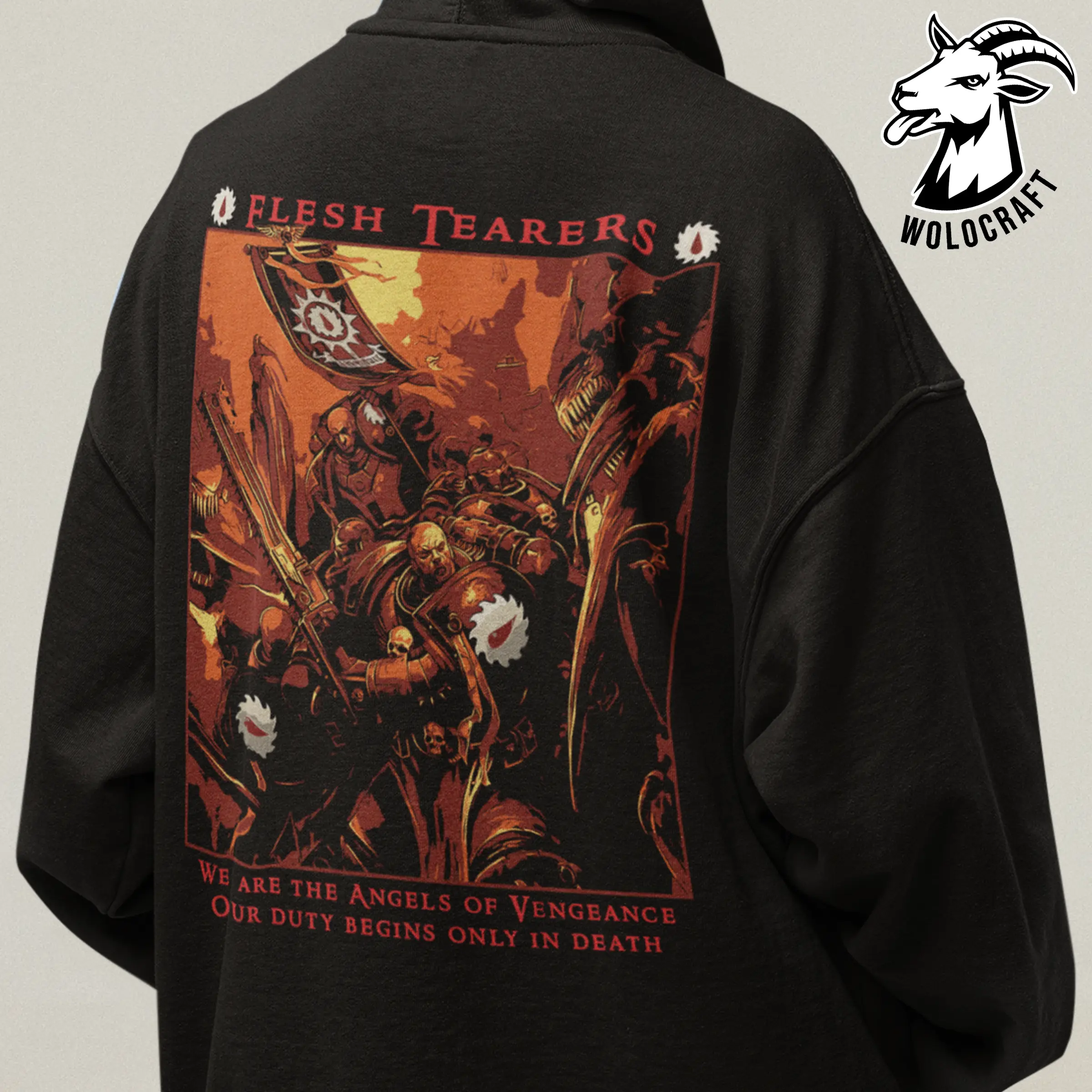 Warhammer 40K Flesh Tearers Hoodie | Angels of Vengeance Chapter Design | “Our Duty Begins Only in Death” Graphic Pullover | Blood Angels Successor Legion | Grimdark Warhammer Hoodie Gift