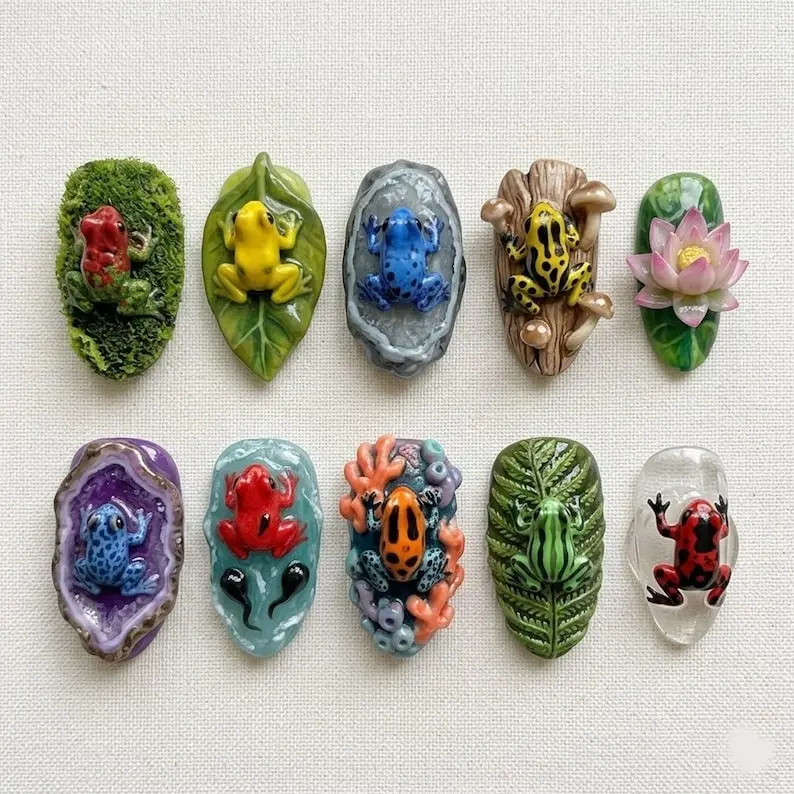 3D Poison Dart Frog Press On Nails Realistic Rainforest Nature Art  Sculpted Mushroom Lotus Moss