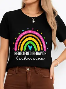 Women's USA-Made Cotton Shortsleeve T-Shirt - Solid Round Neck, Minimalist Breathable Regular Fit Casual Clothes, Colorful Rainbow & Registered Behavior Technician Print Top for Work & Everyday Wear