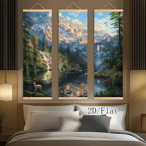 [2D-Flat]3pcs Exquisite Posters Canvas Wall Art Traditional Chinese Deer Landscape Painting Print Painting Wooden Scroll Hanging Painting, HD Art Decor, Pattern for Living Room, Best Gift for New Year, Indoor-Outdoor, Fade-Resistant Art