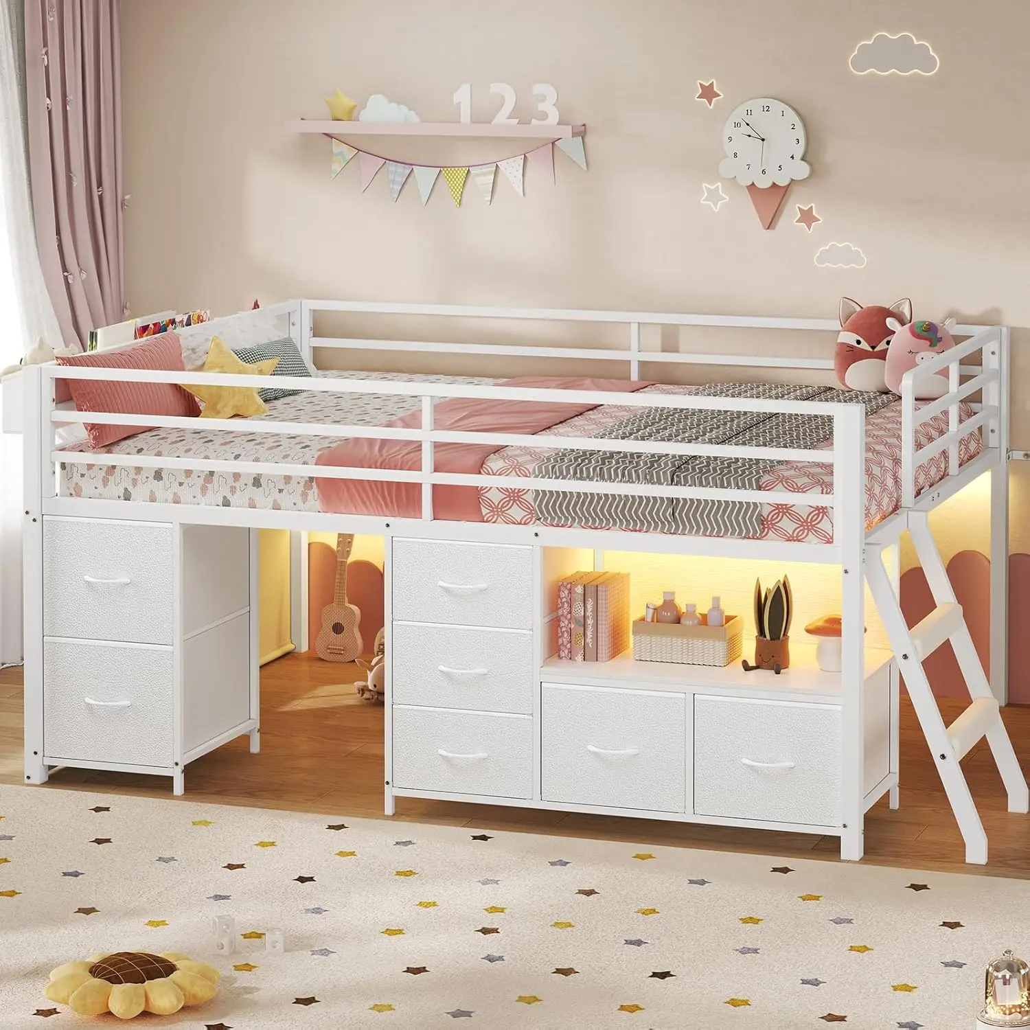 ADORNEVE Low Loft Bed Full Size with 7 Storage Drawers, Bookcase and LED Lights, Metal Loft Bed with 14" H Safety Guardrail,Inclined Ladder and Play Curtain, Under-Bed Play Space