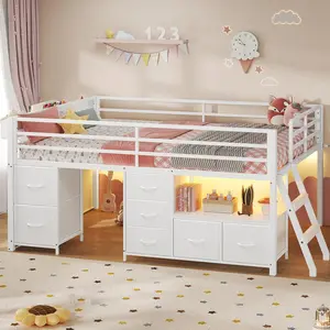 ADORNEVE Low Loft Bed Full Size with 7 Storage Drawers, Bookcase and LED Lights, Metal Kids Loft Bed with 14" H Safety Guardrail,Inclined Ladder and Play Curtain, Under-Bed Play Space