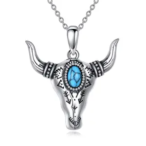 YFN Turquoise Bull Skull Necklace 925 Sterling Silver Western Boho Filigree Pendant Necklaces for Women Girls