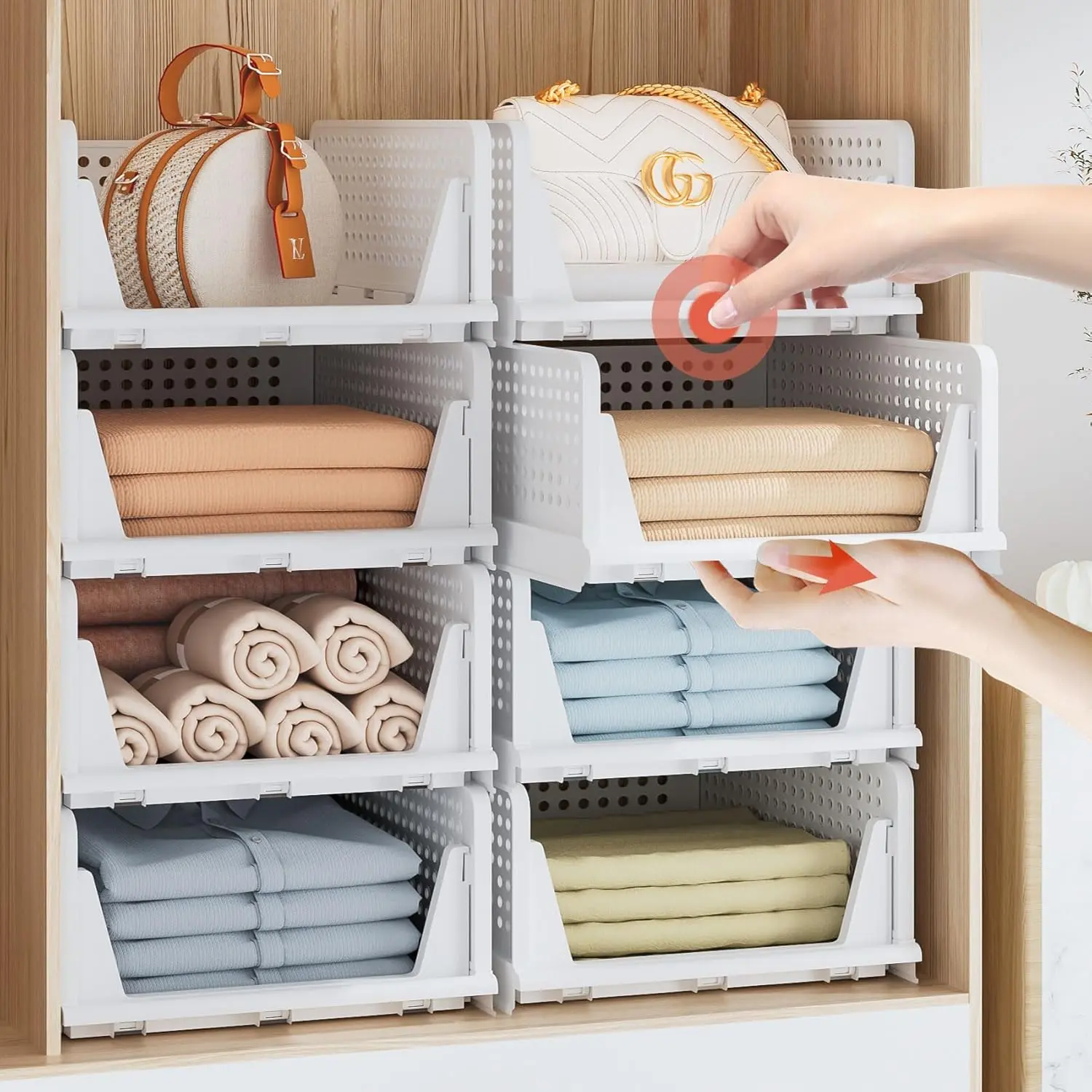 Neprock Clothes Organizers and Storage, 5 Pack Stackable Plastic Bins, Foldable Closet Organizers Drawers for Clothing Storage (5L)（White）