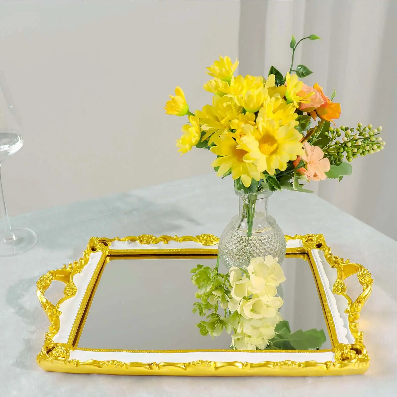 15"x10" White Resin Mirror Surface Rectangle Serving Tray - Classic Gold Baroque Plates, Glam Organizer for Vanity Cosmetics, Kitchen Tableware Centerpiece for Birthday, Wedding, Thanksgiving Events