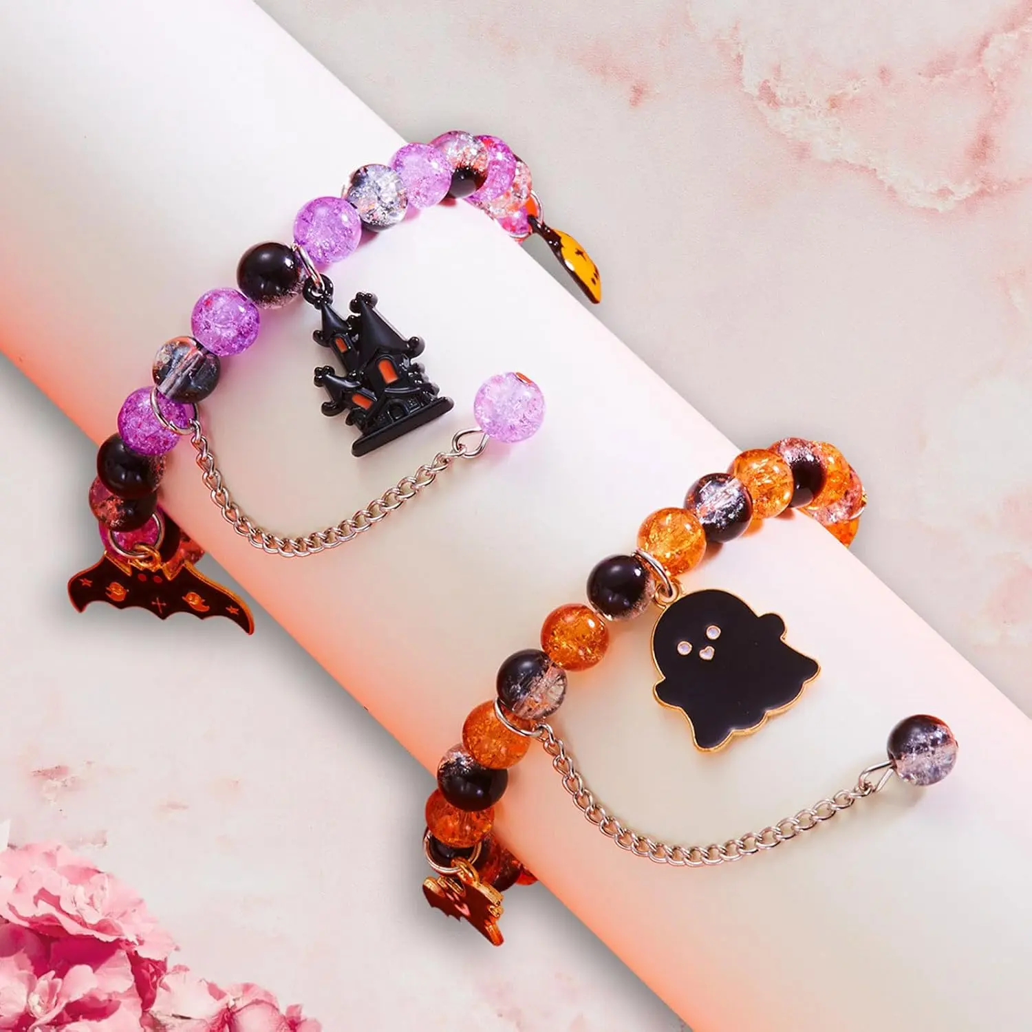 Stackable Halloween Bracelet for Women, Clay Bead Stretch Bangle with Pumpkin, Bat, Boo & Haunting House Charms, Festive Party Jewelry Gift
