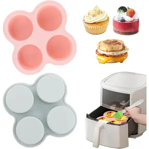 Air Fryer Egg Mold, 2 count 4 Cavity Non-Stick Air Fryer Baking Pan with Oil Brush,  Muffin Pans Muffin Cups for Baking, Hamburger Bun Pan(,blue)