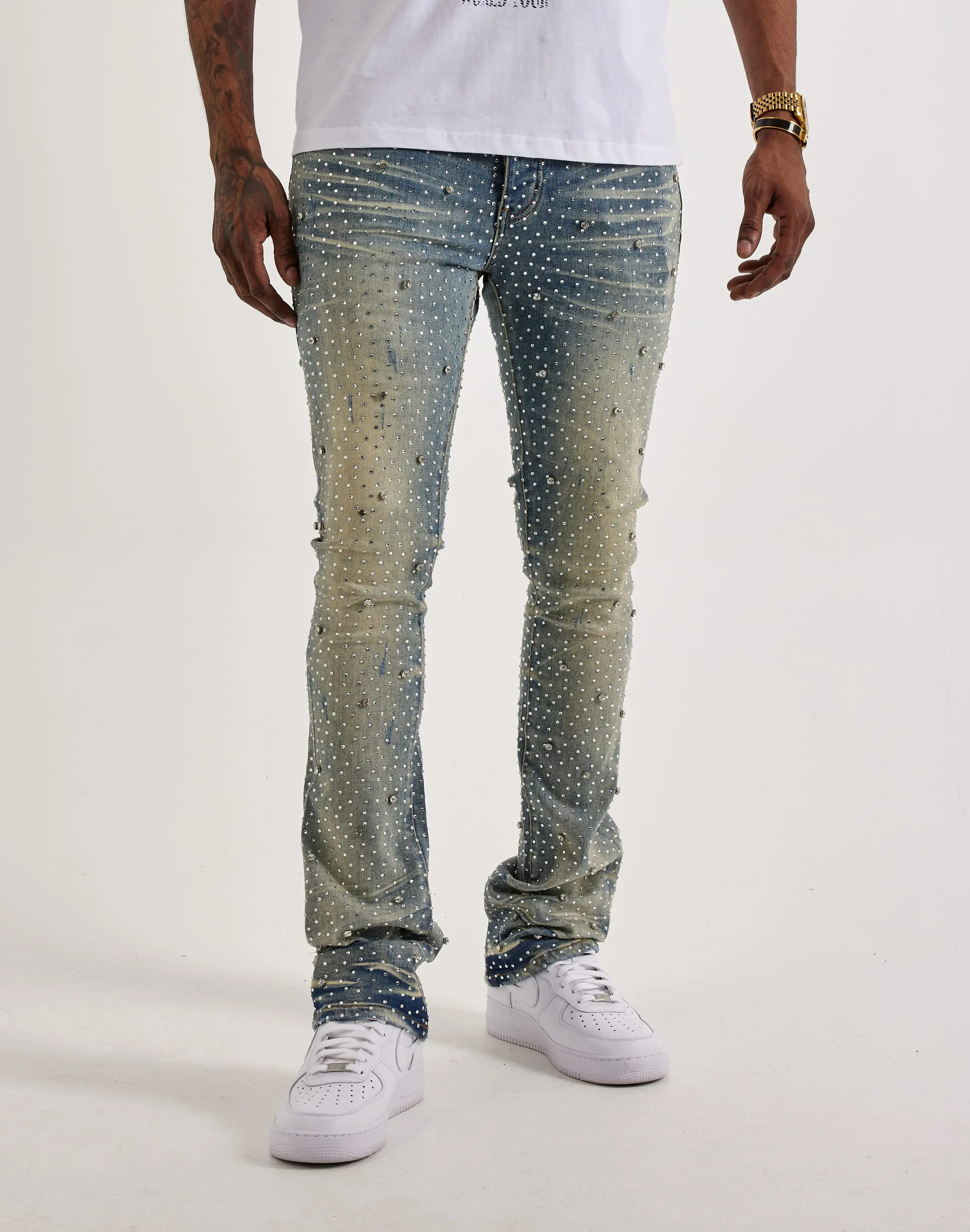 Mens GFTD LA Jazz Stacked Rhinestone Denim Jeans