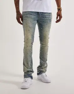 Mens GFTD LA Jazz Stacked Rhinestone Denim Jeans