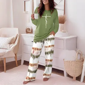 Autumn And Winter Positioning Hot-print Contrast Color Long-sleeved Casual Top + Positioning Tie-dye Print Elastic Waist Strong Tolerance Home Casual Trousers