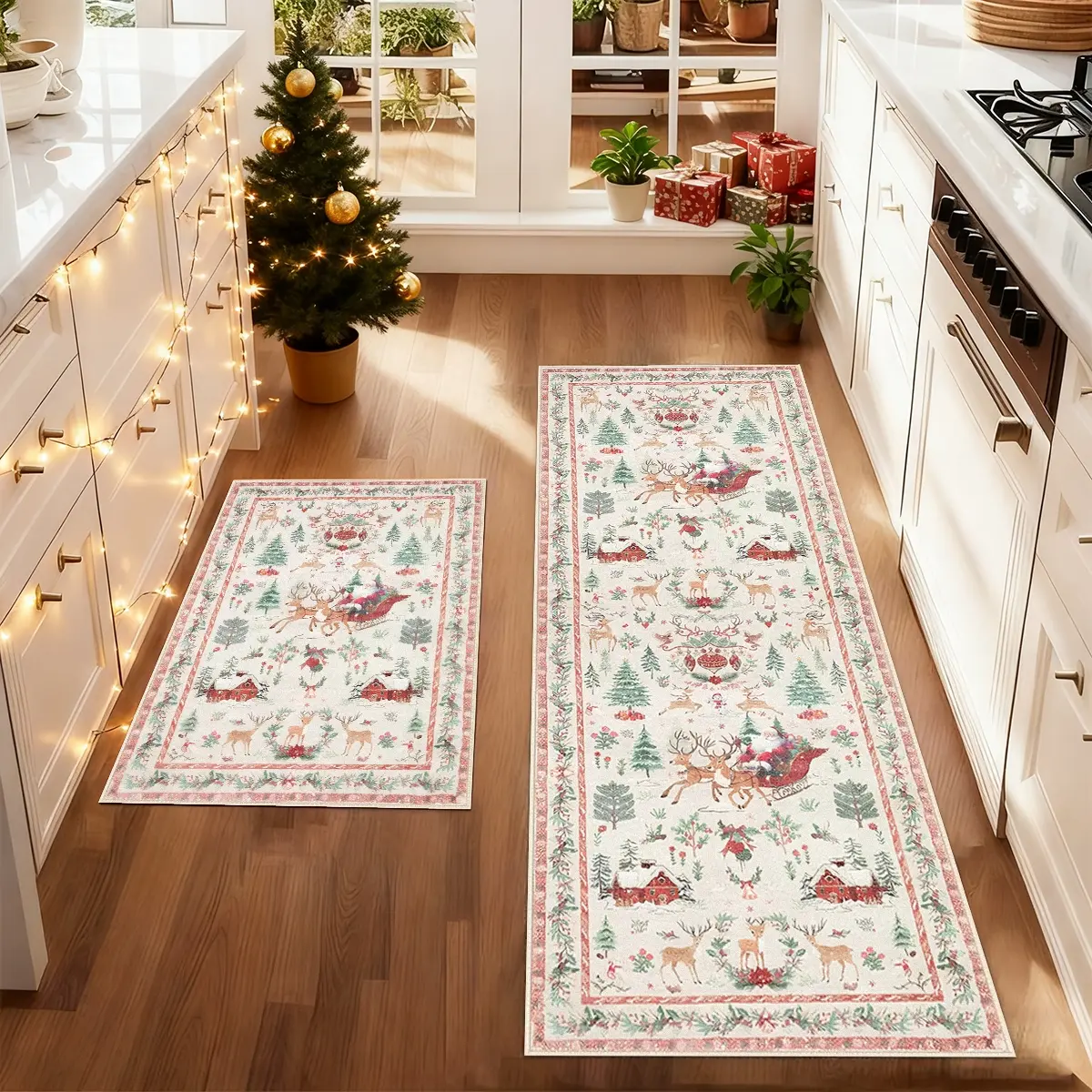 2Pcs Christmas kitchen mat, rug, non-slip kitchen rug set, Machine Washable Rugs, Red Christmas Tree Floor Mat Set, soft comfortable foot mat, multifunctional suitable for kitchen Dining Room Floor bedroom living room