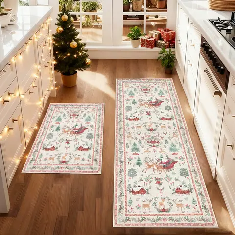 2Pcs Christmas kitchen mat, rug, non-slip kitchen rug set, Machine Washable Rugs, Red Christmas Tree Floor Mat Set, soft comfortable foot mat, multifunctional suitable for kitchen Dining Room Floor bedroom living room