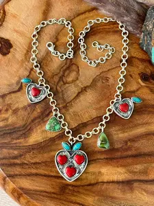 Handmade Sterling Silver Kingman with Sonoran Mountain Turquoise and Rosarita Cherry Necklace "Signed Nizhoni"