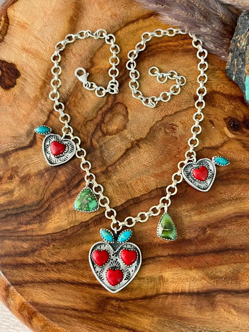 Handmade Sterling Silver Kingman with Sonoran Mountain Turquoise and Rosarita Cherry Necklace "Signed Nizhoni"