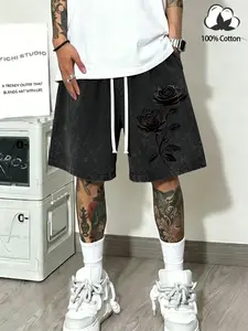 100% cotton, machine-washable, casual American street style shorts for men and women, Gothic, Floral black rose pattern print, loose fit, drawstring waistband, comfortable design, perfect for everyday casual wear, Daily casual shorts