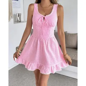 Women's Gingham Sleeveless Mini Dress High Waist Lace Trim Tie Front U Neck Casual Summer Vacation Sweet Dress Solid Color Sweet Girl Lace Bow Strap Strap U-Neck Sleeveless Slim Daily Mini Dress