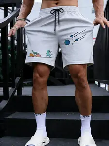 Trending Men's Graphic Casual Shorts | Cute Dinosaur & Meteor Cartoon Print, Breathable Lightweight Poly-Cotton, Elastic Drawstring Waist, Quick Dry Workout/Gym/Streetwear, Summer Beach Lounge Shorts, Aesthetic Y2K Street Style, Fashionable Comfy