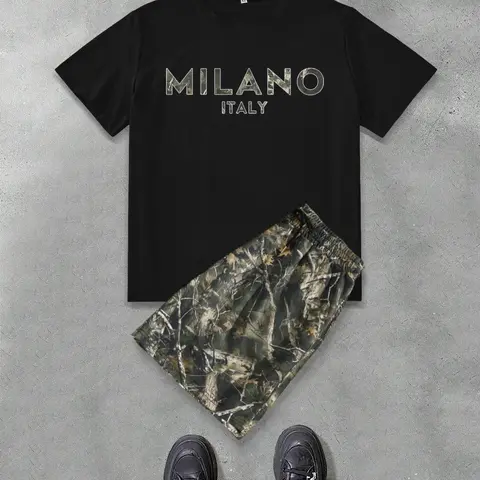 Two-Piece Set Tops Shorts Set Menswear Men's Letter, Tree & Graphic Print Short Sleeve Tee & Camo Print Shorts, Regular Fit Casual Round Neck T-shirt & Shorts, Men's Summer Clothes Outfits Set
