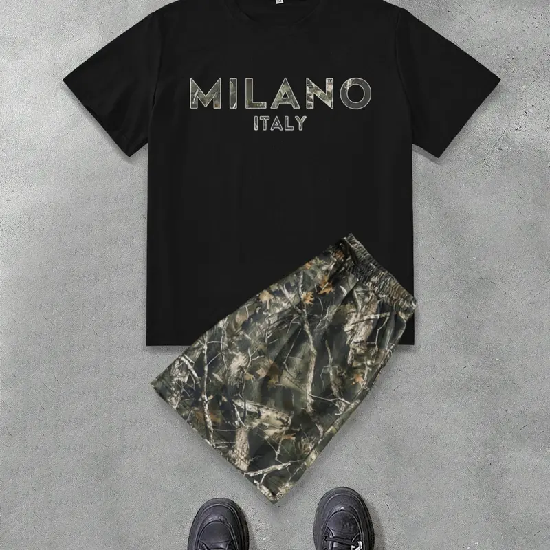 Two-Piece Set Tops Shorts Set Menswear Men's Letter, Tree & Graphic Print Short Sleeve Tee & Camo Print Shorts, Regular Fit Casual Round Neck T-shirt & Shorts, Men's Summer Clothes Outfits Set