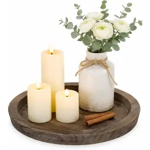 Candle Plate Holder Tray: Round Wood Decorative Candle Plate - Rustic Farmhouse CoffeeTable Decor - Tealight Pillar Trays for Home Decor (Distressed)