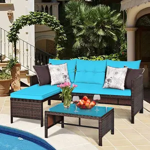 COSTWAY 3-Piece Patio Furniture Set, Outdoor Wicker Sectional Sofa Set w/Washable Cushion, Tempered Glass Coffee Table, Rattan Conversation Set Outdoor Couch for Garden Backyard Deck -COSTST