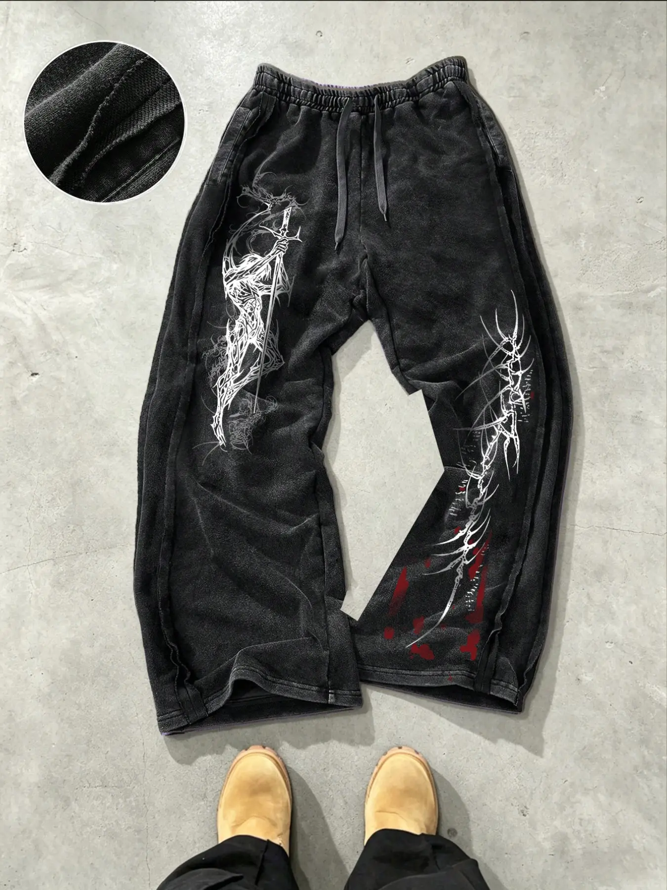 Men's Gothic Warrior Graphic Sweatpants - Washed Black Cyberpunk Wide Leg Baggy Pants, E-Boy Alt Grunge Streetwear with Skeleton & Sword Print, Elastic Waist Drawstring Loose Trousers for Skate Rave Aesthetic