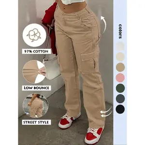 2025 Women's Solid Cargo Pants, Casual Plain Comfort Basic Streetwear Pocket Design Trousers for Daily Wear, Womenswear, Loose Clothe Bottom Minimalist