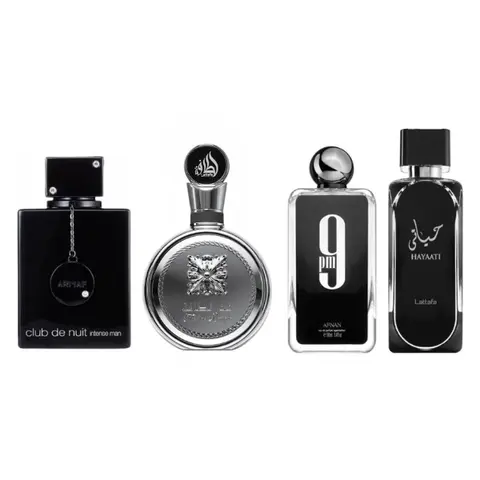 Club de nuit intense man + Fakhar Lattafa platin + 9pm + Hayaati black for men by Lattafa ---- 4-piece bundle