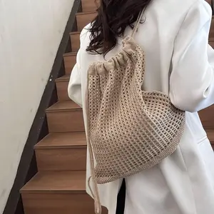 Bohemian Woven Drawstring Backpack, Mesh Crochet Drawstring Bag, Summer Beach Casual Outing Backpack