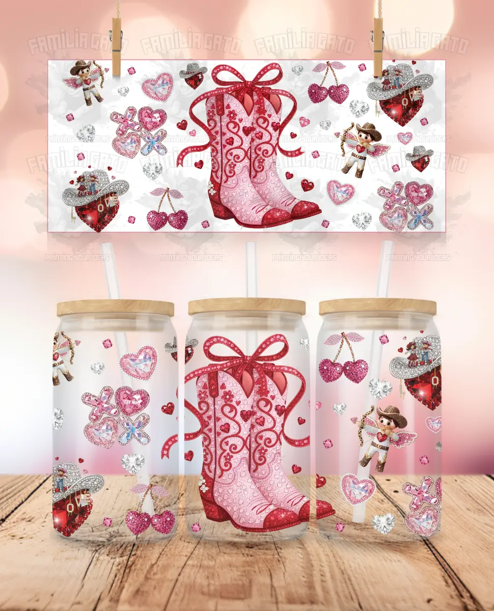 Valentine's Day Rhinestone Cowgirl Heart DIY UVDTF Decal Film Sticker Wrap for 16 oz Libbey Glass Cup, Heart Sticker