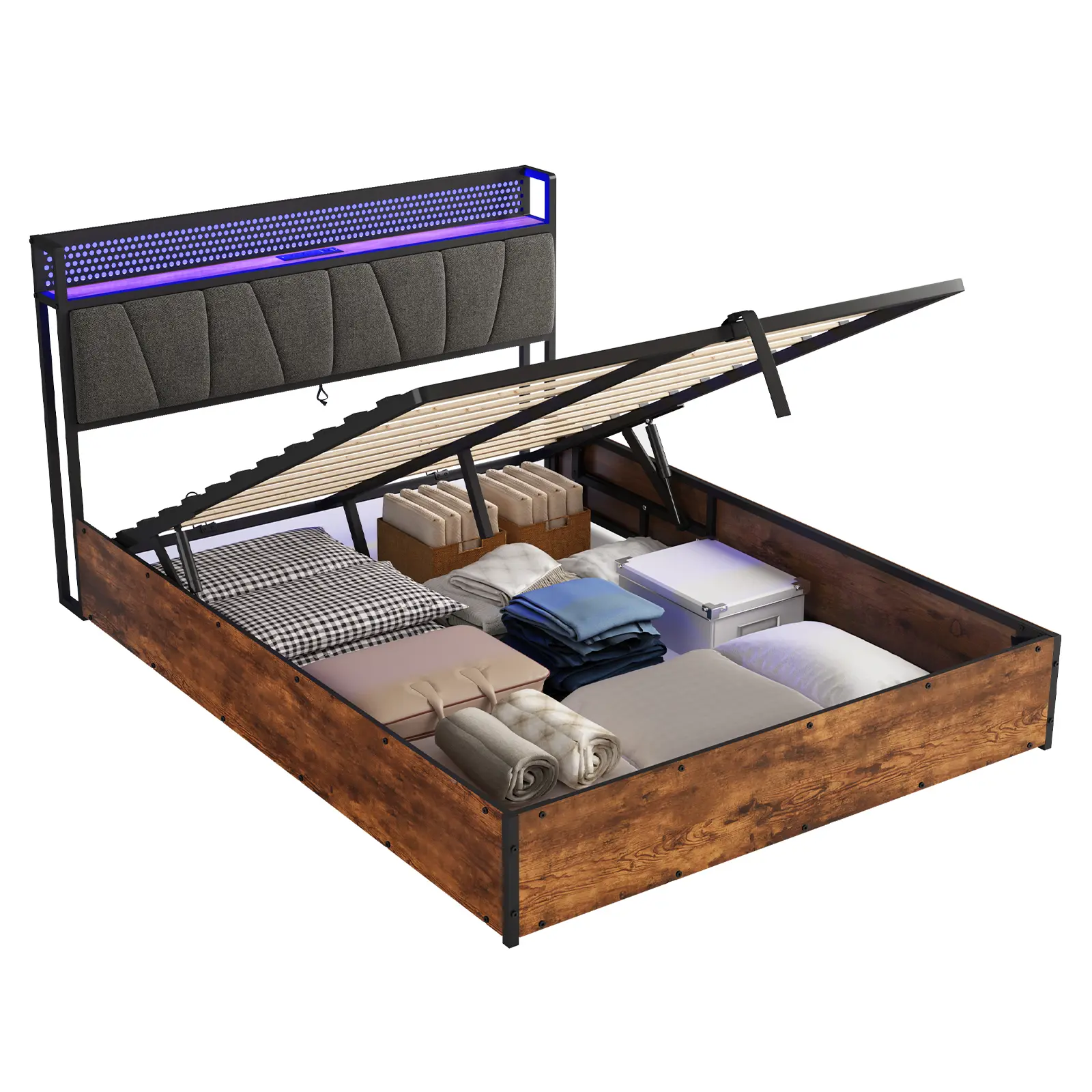 Amerlife King Size Hydraulic Lift Storage Bed Frame with LED Lighting ...