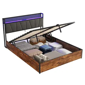 Amerlife King Size Smart Bed Frame, Lift-Up Storage Linen Upholstered Platform Bed with LED Lights, Charging Station Headboard, Ideal Christmas Gift Idea