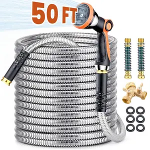 304 Stainless Steel Metal Garden Hose, Heavy Duty Water Hoses with Splitter & 6 Extra Rubber Washers for Lawn Watering, Outdoor - Flexible, Never Kink & Tangle, Puncture Resistant