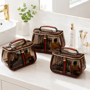 New Retro Vintage Vanity Bag for Women Large Capacity Waterproof Transparent Makeup Organizer Portable Travel Toiletry Skincare Storage Case Brown