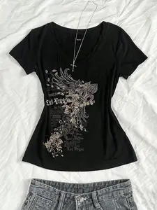 TikTok Viral Las Vegas Graphic V-Neck T-Shirt - Soft Stretchy Cotton Slim-Fit Y2K Aesthetic Streetwear Floral Wing Print Casual Tee Trendy Vintage Edgy Statement Top Must-Have Fashion For Women Cool Bold Retro Apparel