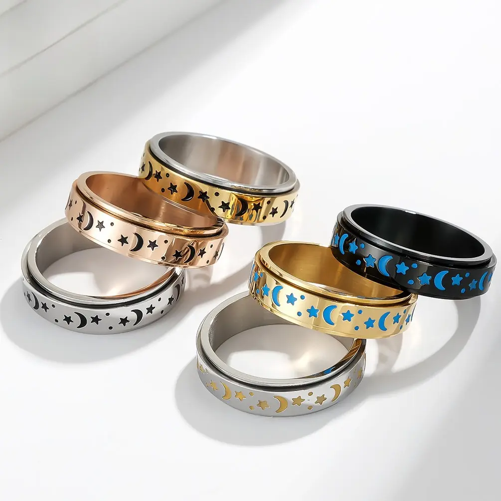 Celestial Moon Star Spinner Ring, Stainless Steel Fidget Band for Anxiety Relief, Glow in the Dark Jewelry for Men and Women, Rotating Fidget, Unisex, Glow Dark, Stars Moons