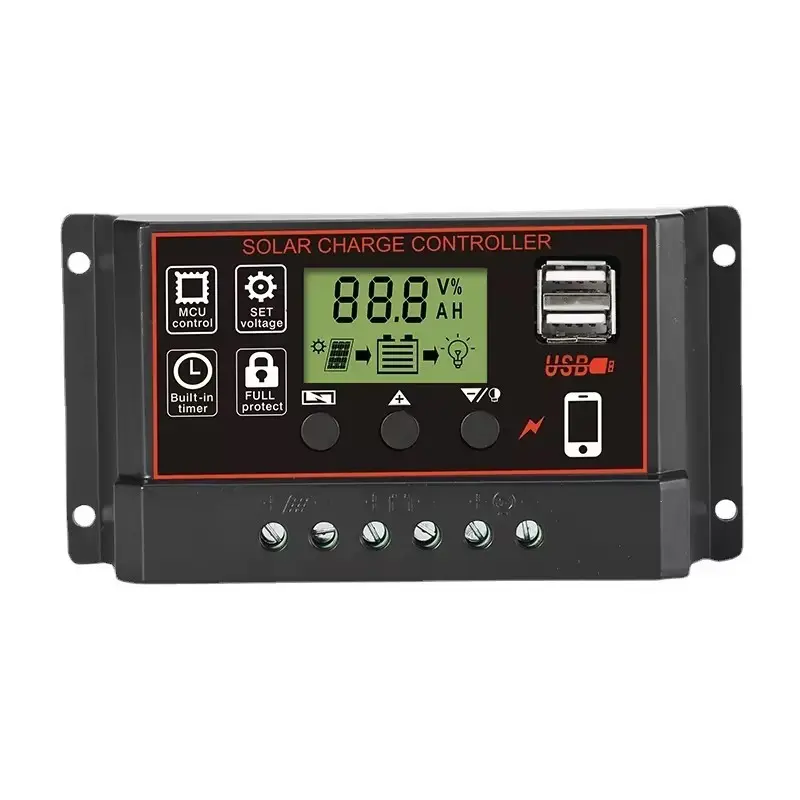 1pc PWM black solar charging and discharging controller, 12V 24V automatic LCD Solar Power regulator, with 5V USB port, used for solar cell charger regulator, solar panel control