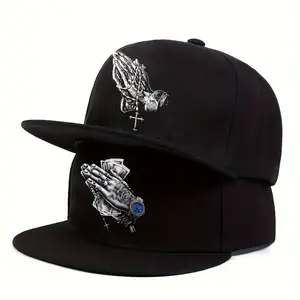 Street Style Adjustable 2pcs Hip Hop Baseball Caps Cross & Gesture Print Flat Brim Snapback for Men Hats Casual Outings Hip Hop Fashion