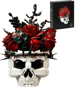 flash card Skull Roses Flower Bouquet Building Set, Botanical Skeleton Pot Collection Building Blocks for Adults, Horror Plants Flower Table Home Decor, Gothic Gift for Birthday Valentine Mother's Day