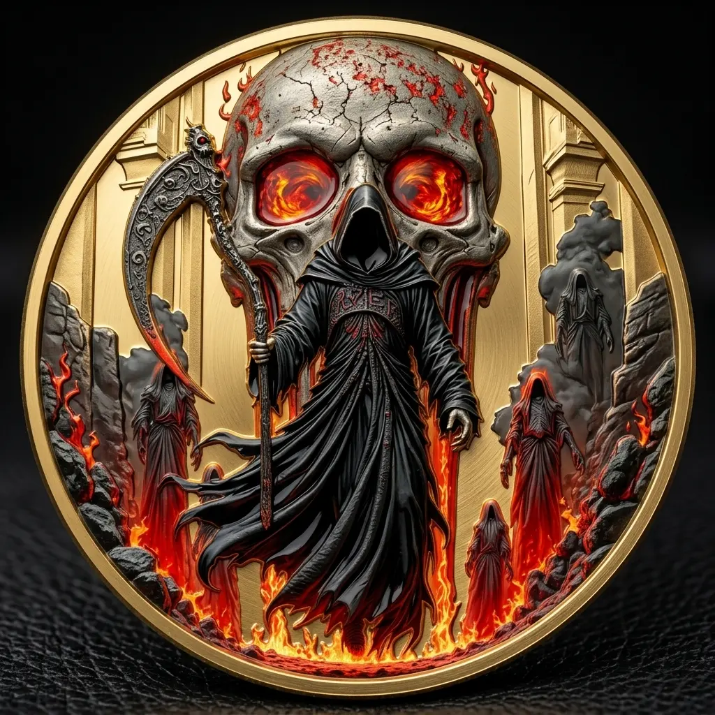 Grim Reaper Challenge Coin, Fiery Skull Scythe Token, Grim Reaper Death Enamel Medal Keepsake, Dark Gothic Halloween Dad Gift Idea
