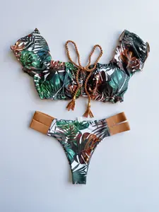 Two-Piece Set Women's Leaf Print Bikini Set, Casual Fashion Swimsuit for Beach Holiday Vacation, Ladies Swimwear for All Seasons, Beach Bikinis, Tropical Print Bikinis
