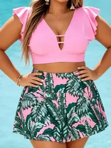 Women's Plus Size 2-Piece Tankini Swim Set - Solid Pink Plunge Neck Ruffle Sleeve Crop Top, High-Waisted Tropical Leaf Print Swim Skirt for Summer Sports & Outdoor Use
