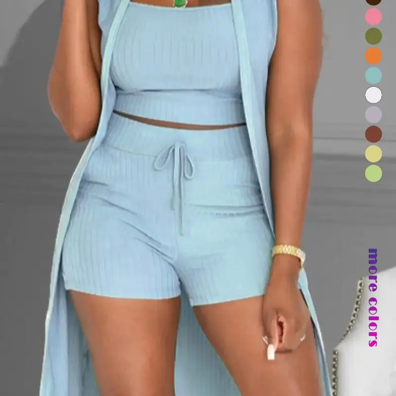 Women's Casual Slim-Fit Three-Piece Shorts Set, Soft Stretchy Knit Fabric, Comfortable and Stylish Summer Outfit, Knit Shorts Sets, Clothing Set
