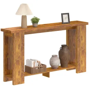 Farmhouse Console Table – 63" Narrow Entryway Table with Thickened Tabletop. Distressed Brown. 1.6" Thick Top Supports 77 lbs. Lower Shelf. Rustic Wood-Grain Finish. Easy Assembly