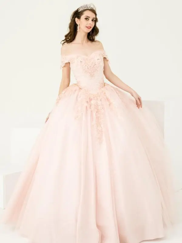 NO.55 Blush Champagne Offwhite Ball Gown Dress Crystal Beading and Sequin Appliqué Glitter Tulle Quinceañera Dress
