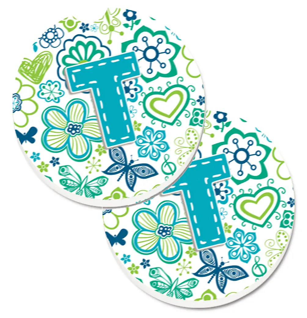 Car Coasters, Letter T Cut Out Sandstone Set of 2 - Absorbent, Colorful Teal Blue Flowers & Butterflies Car Interior Decoration Cup Holders