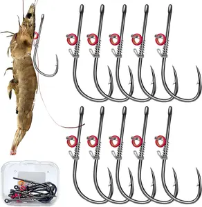 10pcs Shrimp Carbon Steel Barbed Fishing Hooks - Open Eye Hooks for Live Shrimp Lures | Sturdy Construction, High-Quality | Compatible with Bass, Catfish, Carp | Freshwater & Saltwater | Mixed Size (2/0 3/0 4/0) | Durable Fishing Tackle Hooks